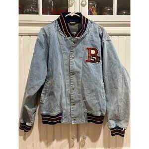 Vtg 90s BUM Equipment Jacket Men Medium Blue Varsity Bomber Wool Denim Letterman